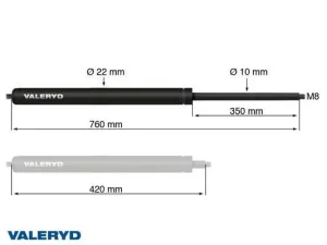 8010-0760-250 Kaasujousi 250nm Kaasujousi Arctic P = 760 mm, P puristettuna = 420 mm, 250N, Ø22/10 mm, M8 VALERYD 2KPL